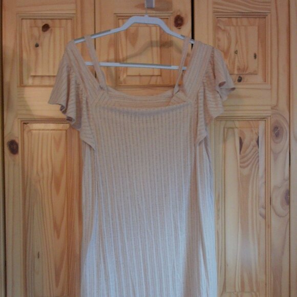 NWTS Moon River Synthetic Ribbed Cold Shoulder Beige Maxi Dress Sz Medium - Picture 5 of 7